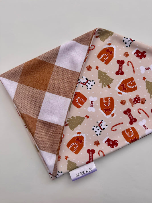 Naughty & Nice Gingerbread: 2 in 1, double sided dog bandana