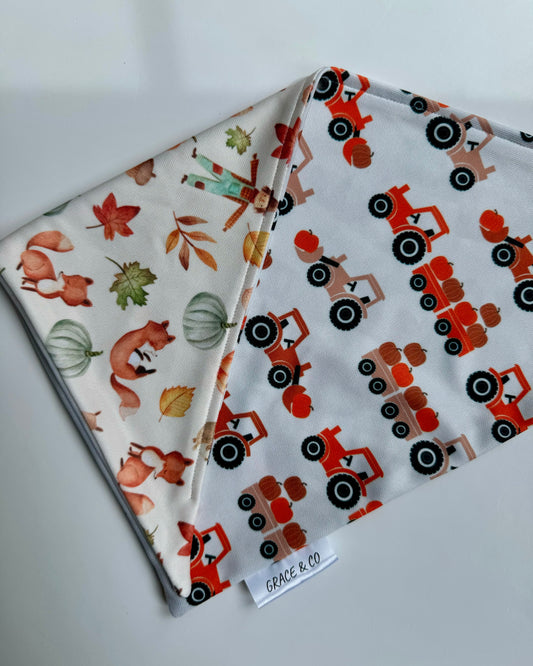 Fall Critters & Tractors; 2 in 1, Double sided pup Bandana