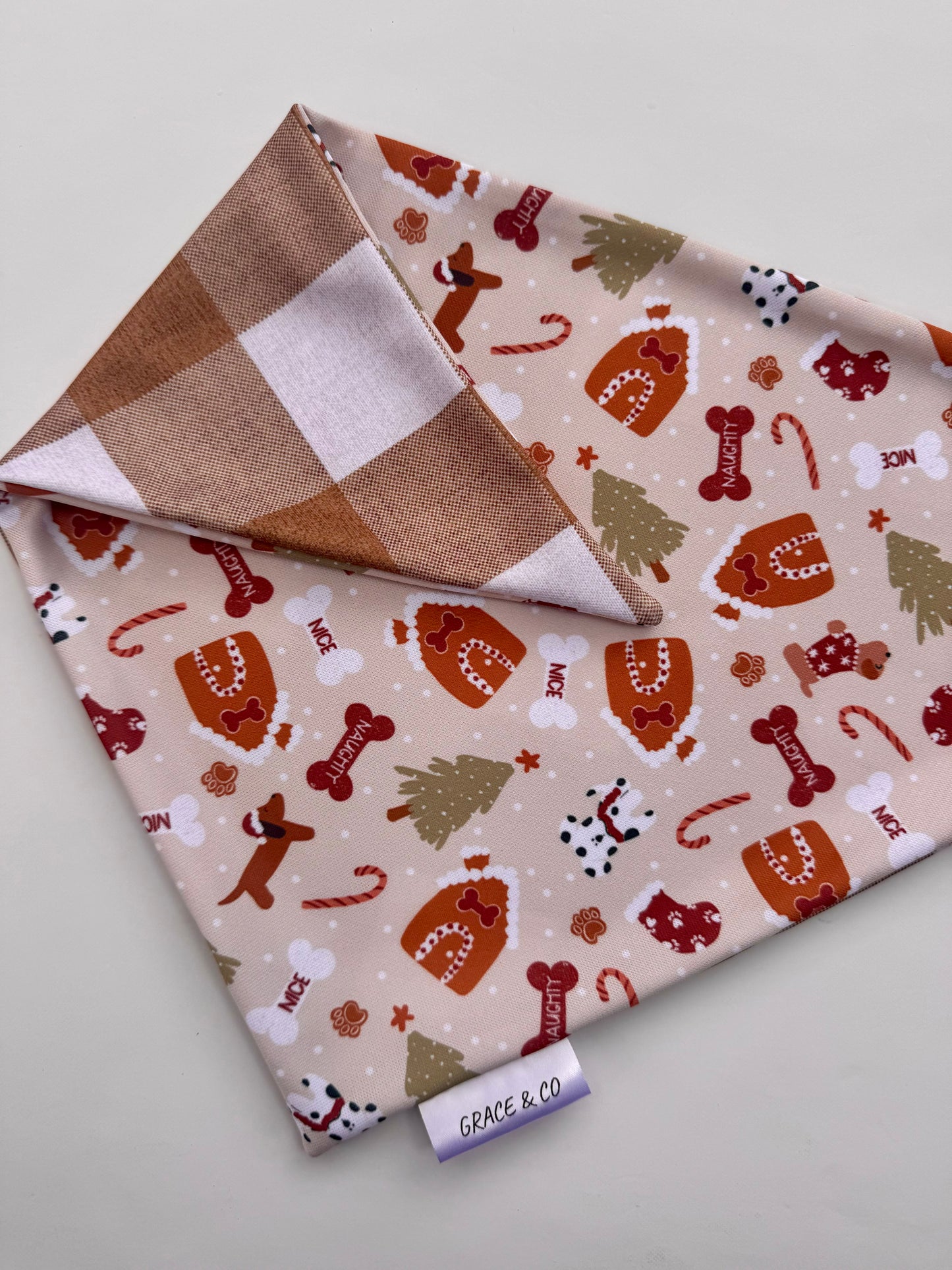 Naughty & Nice Gingerbread: 2 in 1, double sided dog bandana