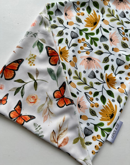 Spring Flowers and Butterflies, Double Sided Dog Bandana w/ Brass Snaps